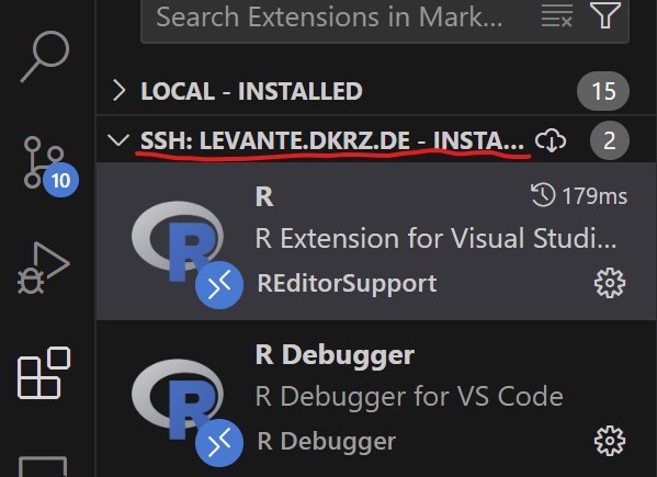 Image showing that R VS Code Plugins where installed on Levante